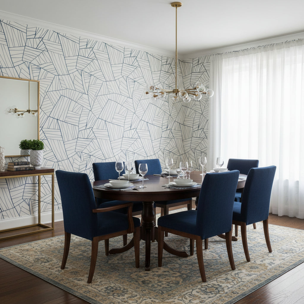 Jordan Navy on White | Thibaut Wallcoverings - Dining Room Visualization (AI-generated, may not be to scale. Verify pattern scale with product specifications.)