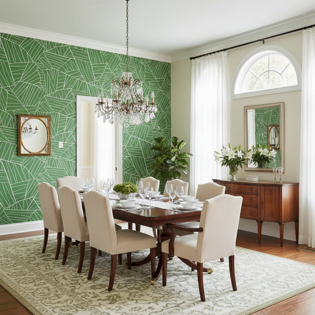 Jordan Emerald | Thibaut Wallcoverings - Dining Room Visualization (AI-generated, may not be to scale. Verify pattern scale with product specifications.)