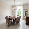 Mamora Trellis Cork White on Metallic Blush | Thibaut Wallcoverings - Dining Room Visualization (AI-generated, may not be to scale. Verify pattern scale with product specifications.)