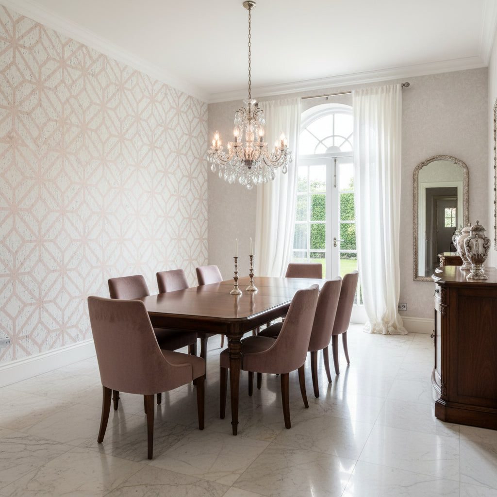 Mamora Trellis Cork White on Metallic Blush | Thibaut Wallcoverings - Dining Room Visualization (AI-generated, may not be to scale. Verify pattern scale with product specifications.)