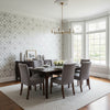 Mamora Trellis Cork White on Silver | Thibaut Wallcoverings - Dining Room Visualization (AI-generated, may not be to scale. Verify pattern scale with product specifications.)