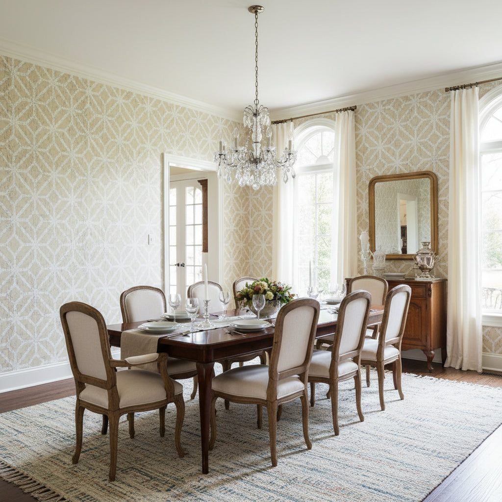 Mamora Trellis Cork Beige on White | Thibaut Wallcoverings - Dining Room Visualization (AI-generated, may not be to scale. Verify pattern scale with product specifications.)