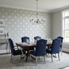 Mamora Trellis Cork Grey on Metallic Silver | Thibaut Wallcoverings - Dining Room Visualization (AI-generated, may not be to scale. Verify pattern scale with product specifications.)