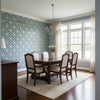 Mamora Trellis Cork Mineral on Metallic Pewter | Thibaut Wallcoverings - Dining Room Visualization (AI-generated, may not be to scale. Verify pattern scale with product specifications.)