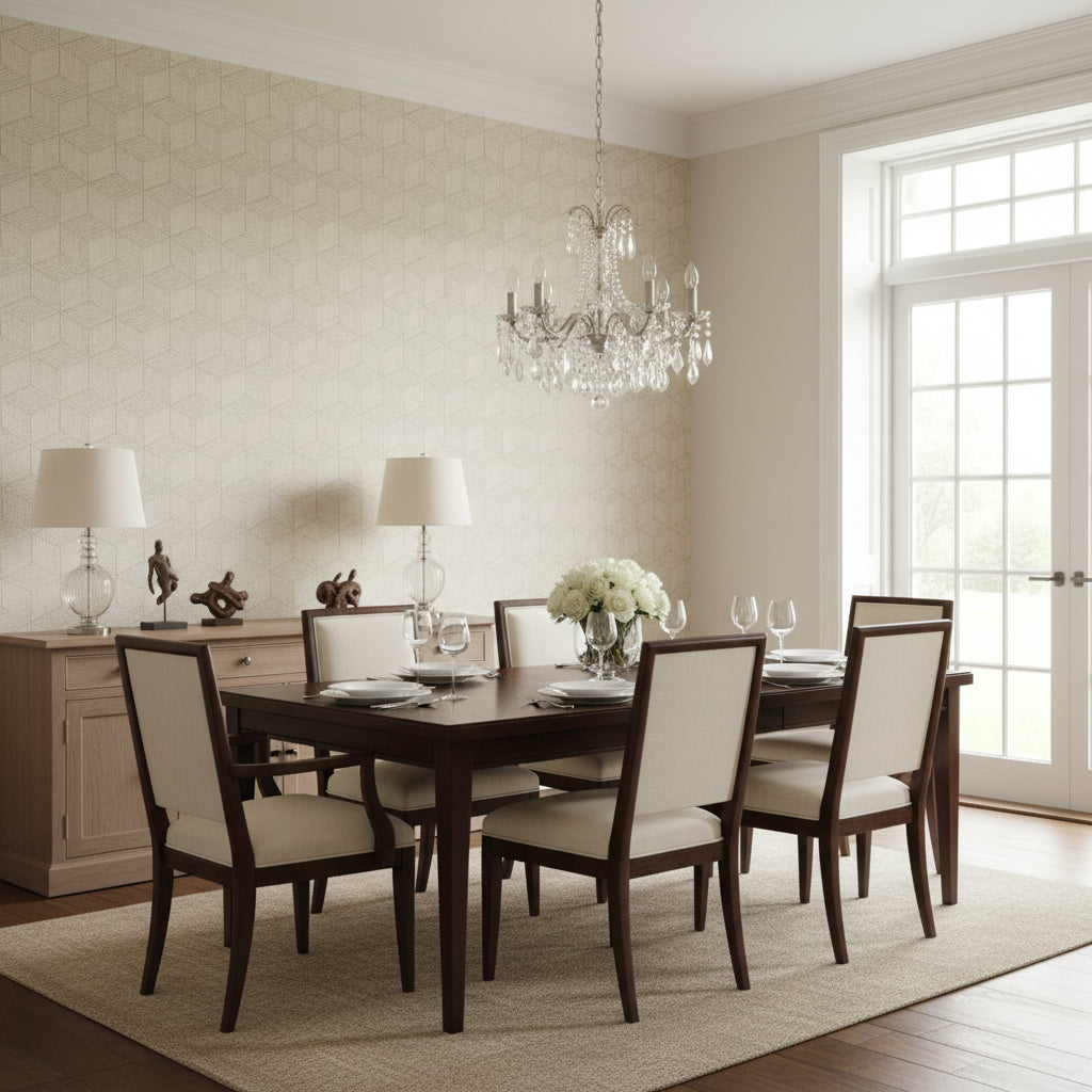 Milano Square Taupe | Thibaut Wallcoverings - Dining Room Visualization (AI-generated, may not be to scale. Verify pattern scale with product specifications.)