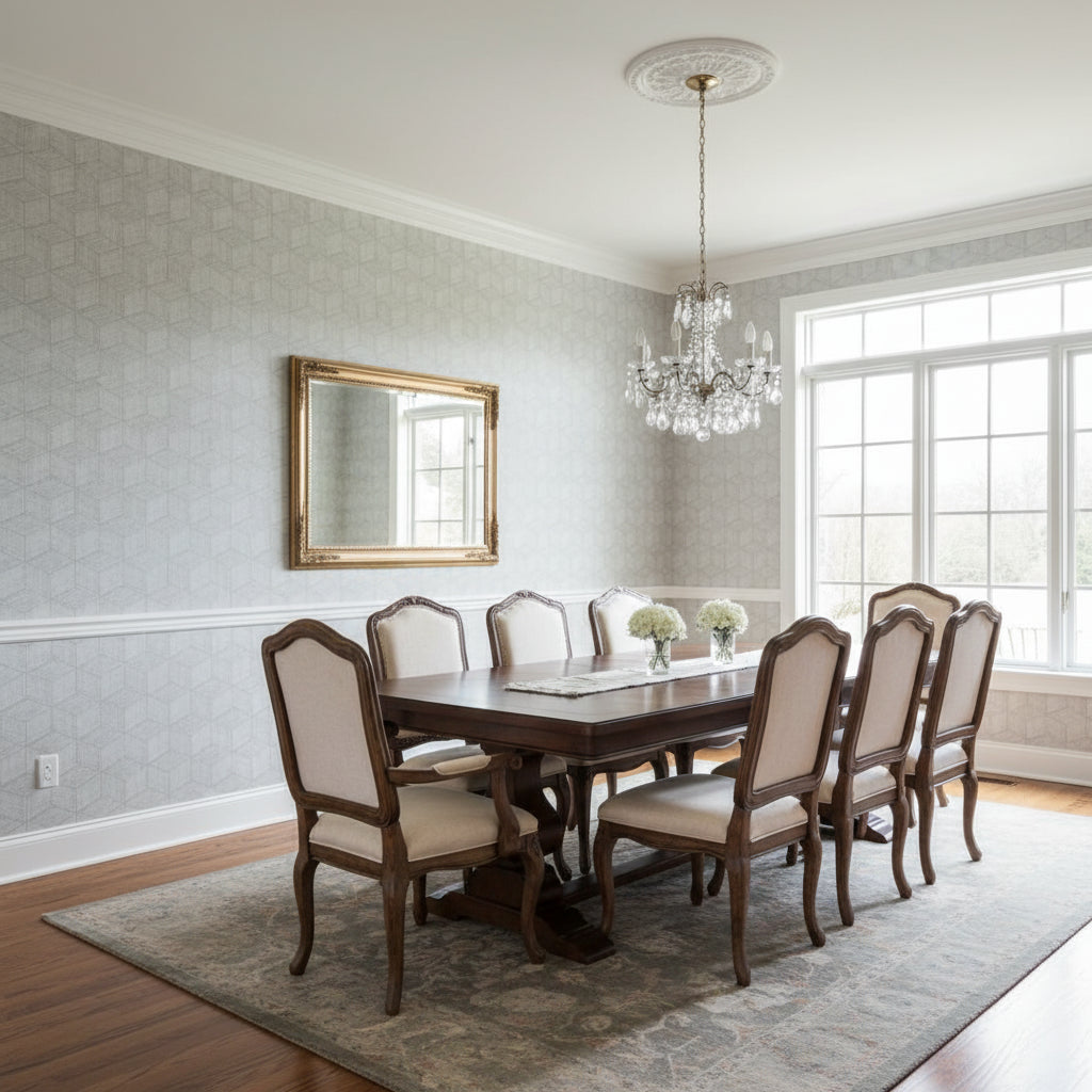 Milano Square Grey | Thibaut Wallcoverings - Dining Room Visualization (AI-generated, may not be to scale. Verify pattern scale with product specifications.)