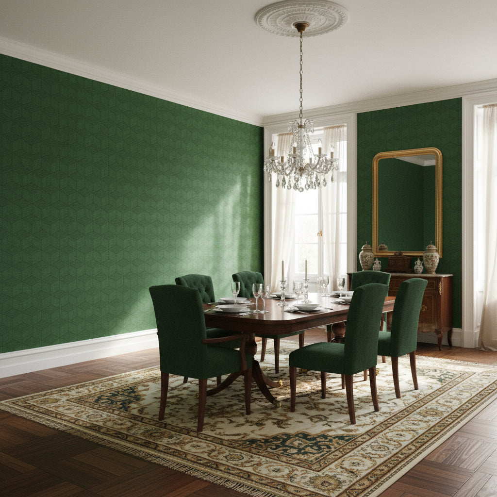 Milano Square Emerald | Thibaut Wallcoverings - Dining Room Visualization (AI-generated, may not be to scale. Verify pattern scale with product specifications.)