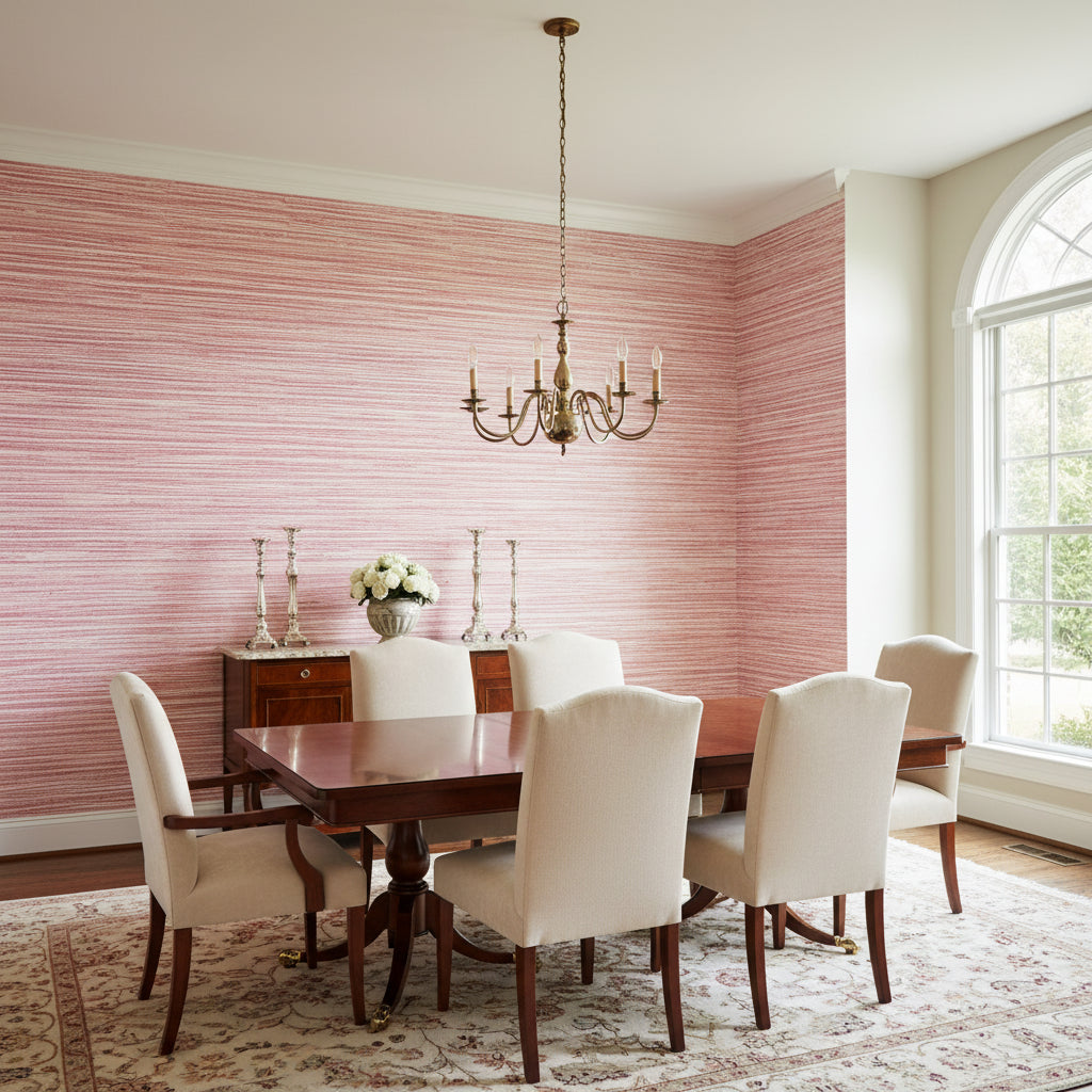 Morada Bay Raspberry | Thibaut Wallcoverings - Dining Room Visualization (AI-generated, may not be to scale. Verify pattern scale with product specifications.)