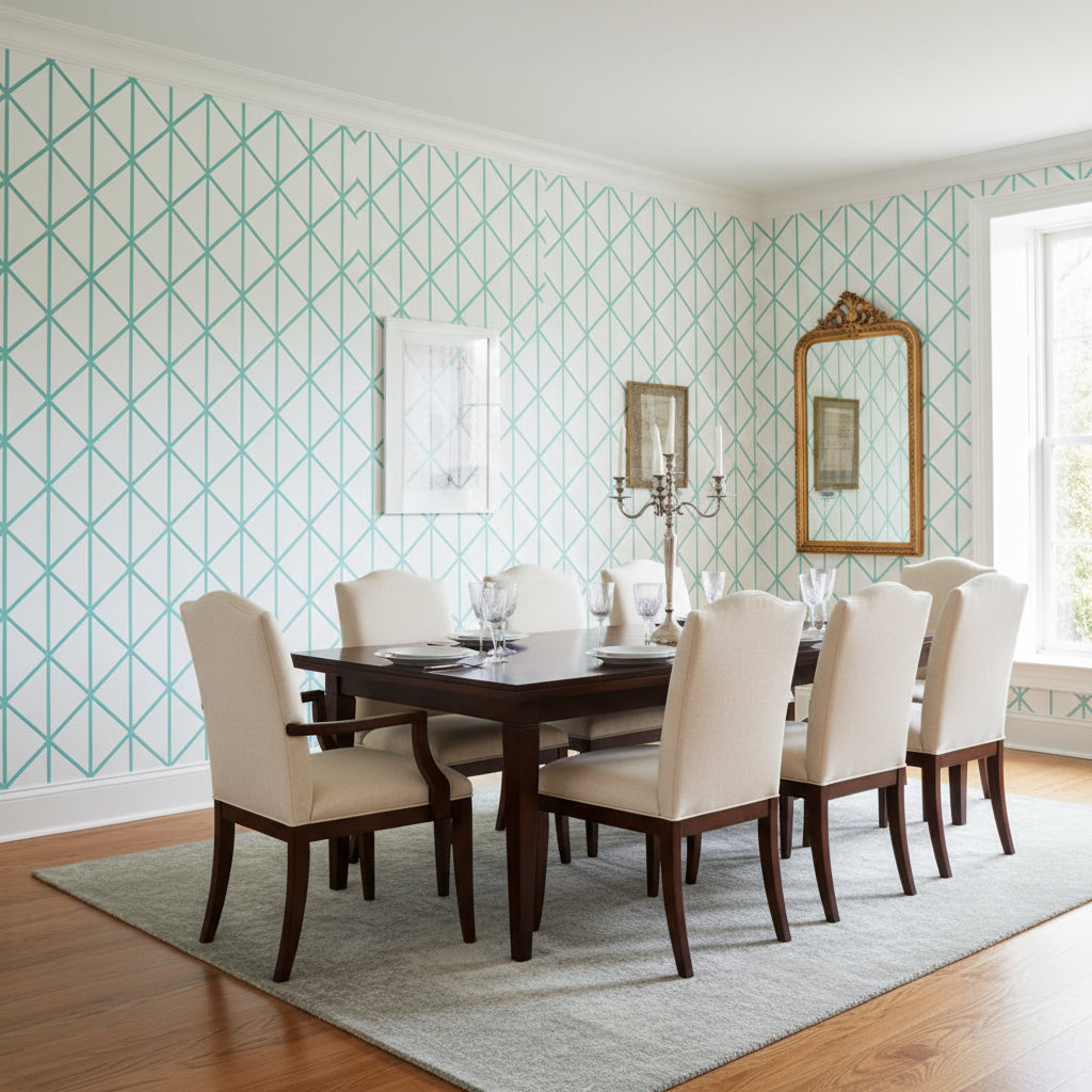 Box Kite Turquoise | Thibaut Wallcoverings - Dining Room Visualization (AI-generated, may not be to scale. Verify pattern scale with product specifications.)