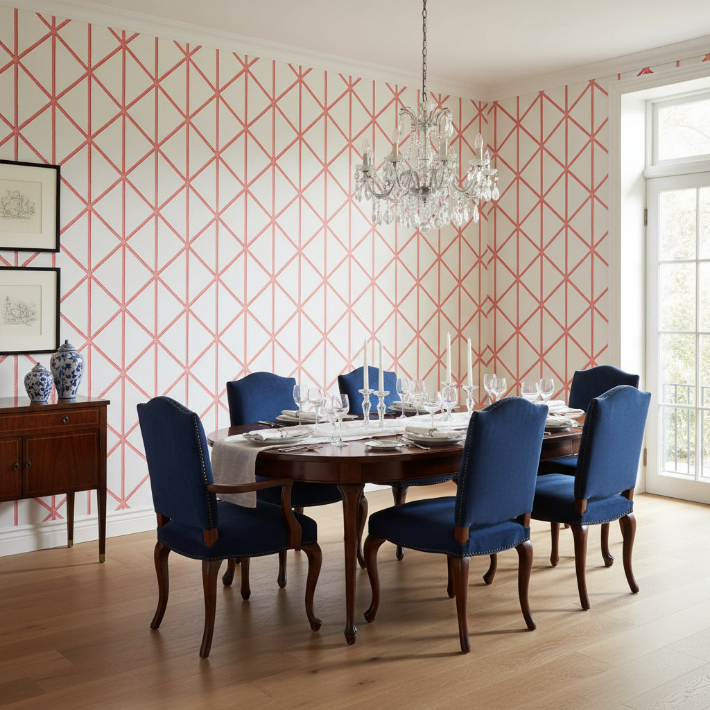 Box Kite Coral | Thibaut Wallcoverings - Dining Room Visualization (AI-generated, may not be to scale. Verify pattern scale with product specifications.)
