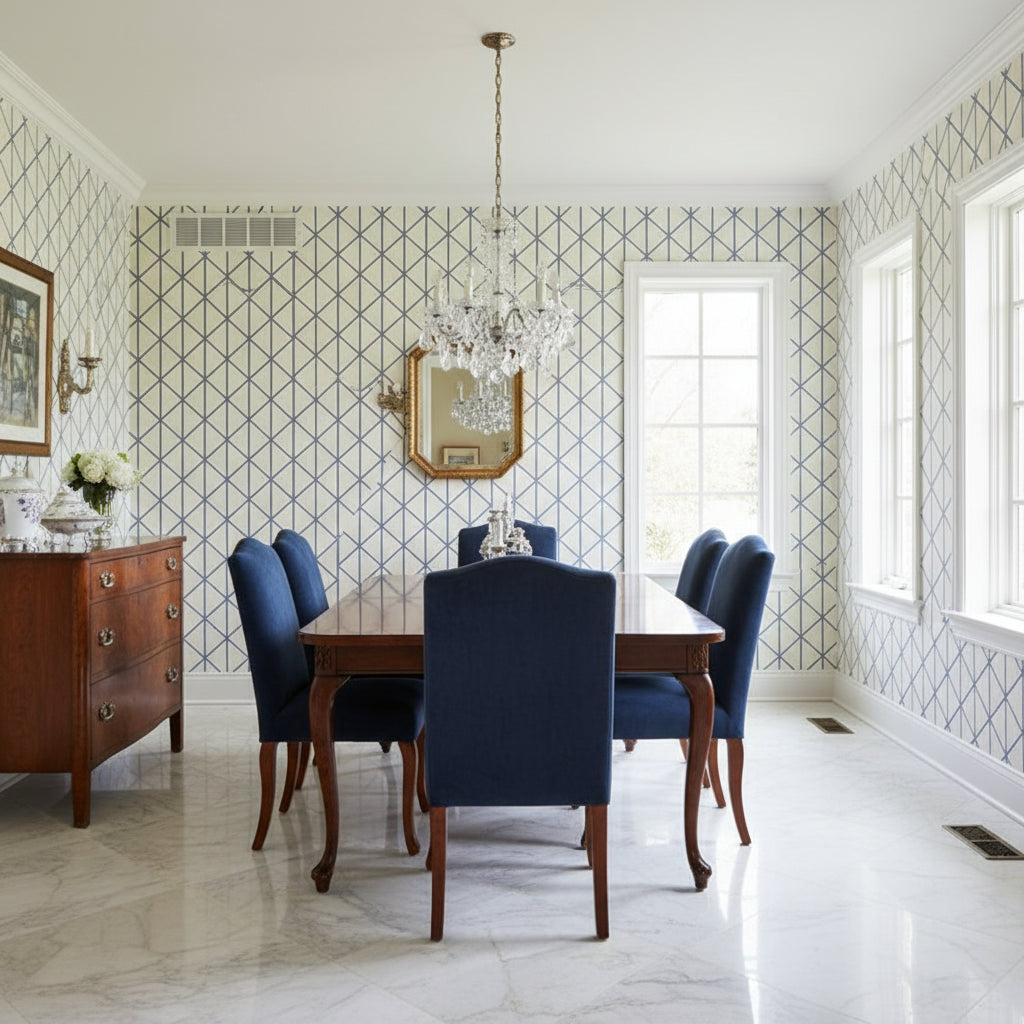 Box Kite Navy | Thibaut Wallcoverings - Dining Room Visualization (AI-generated, may not be to scale. Verify pattern scale with product specifications.)