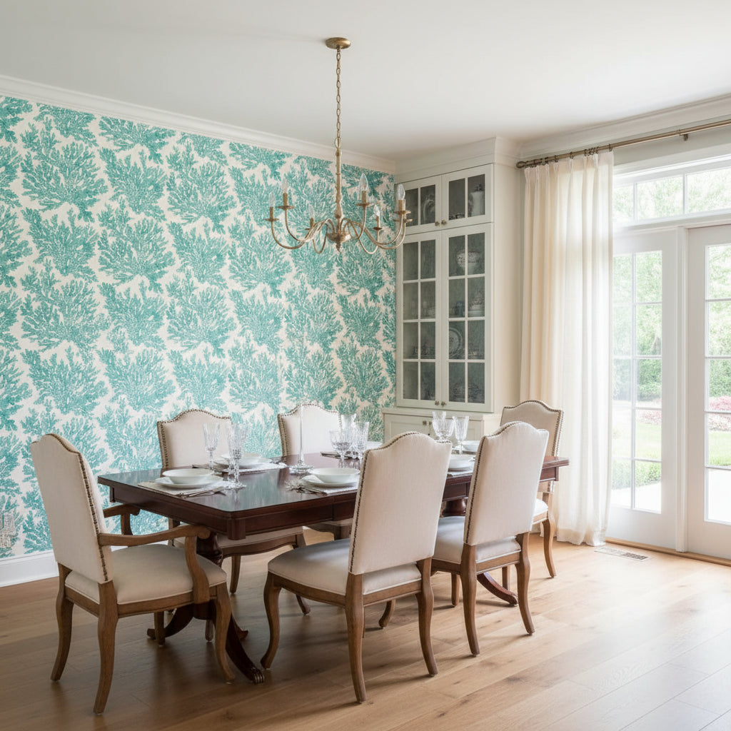 Marine Coral Turquoise | Thibaut Wallcoverings - Dining Room Visualization (AI-generated, may not be to scale. Verify pattern scale with product specifications.)