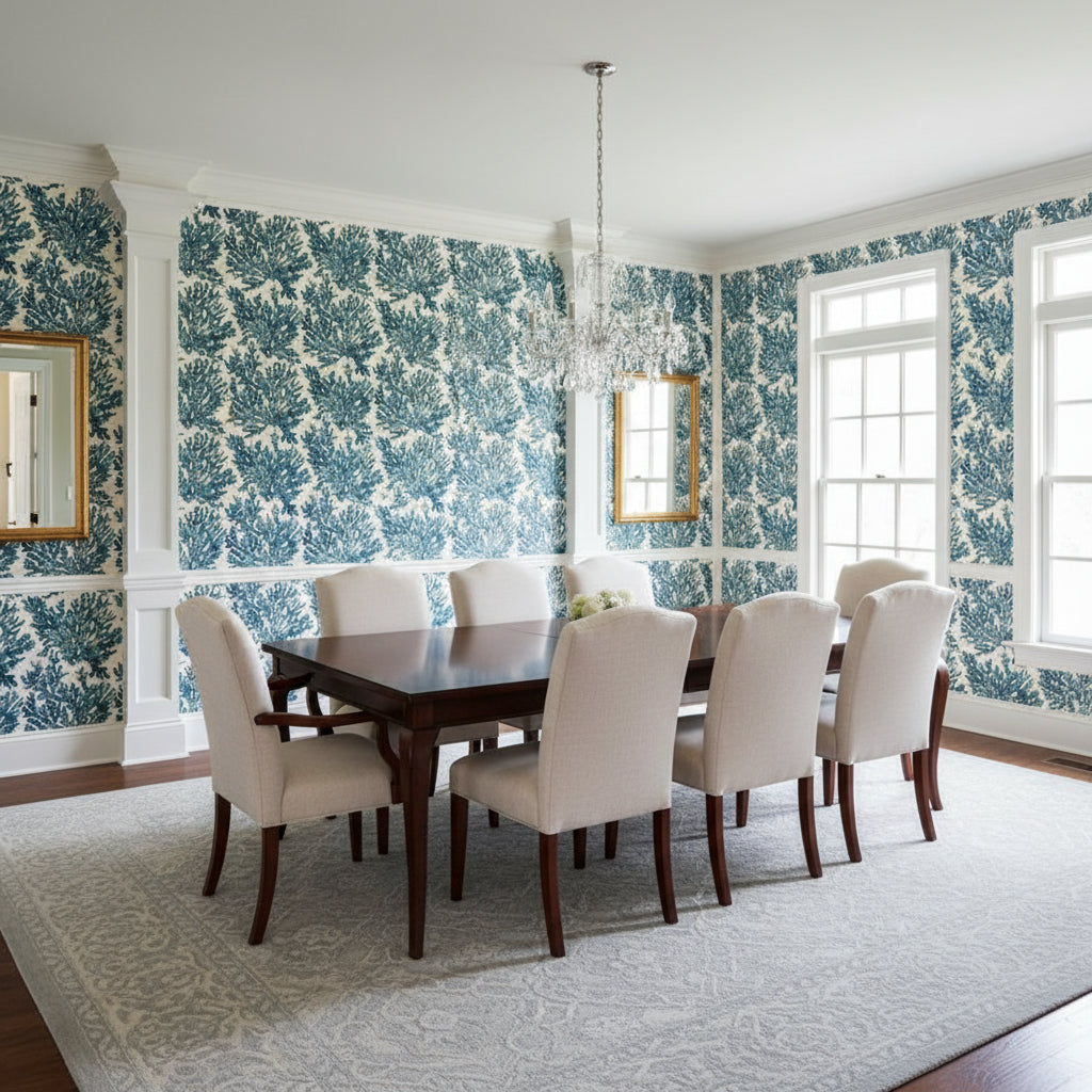 Marine Coral Navy | Thibaut Wallcoverings - Dining Room Visualization (AI-generated, may not be to scale. Verify pattern scale with product specifications.)