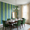 Mekong Stripe Green and Blue | Thibaut Wallcoverings - Dining Room Visualization (AI-generated, may not be to scale. Verify pattern scale with product specifications.)