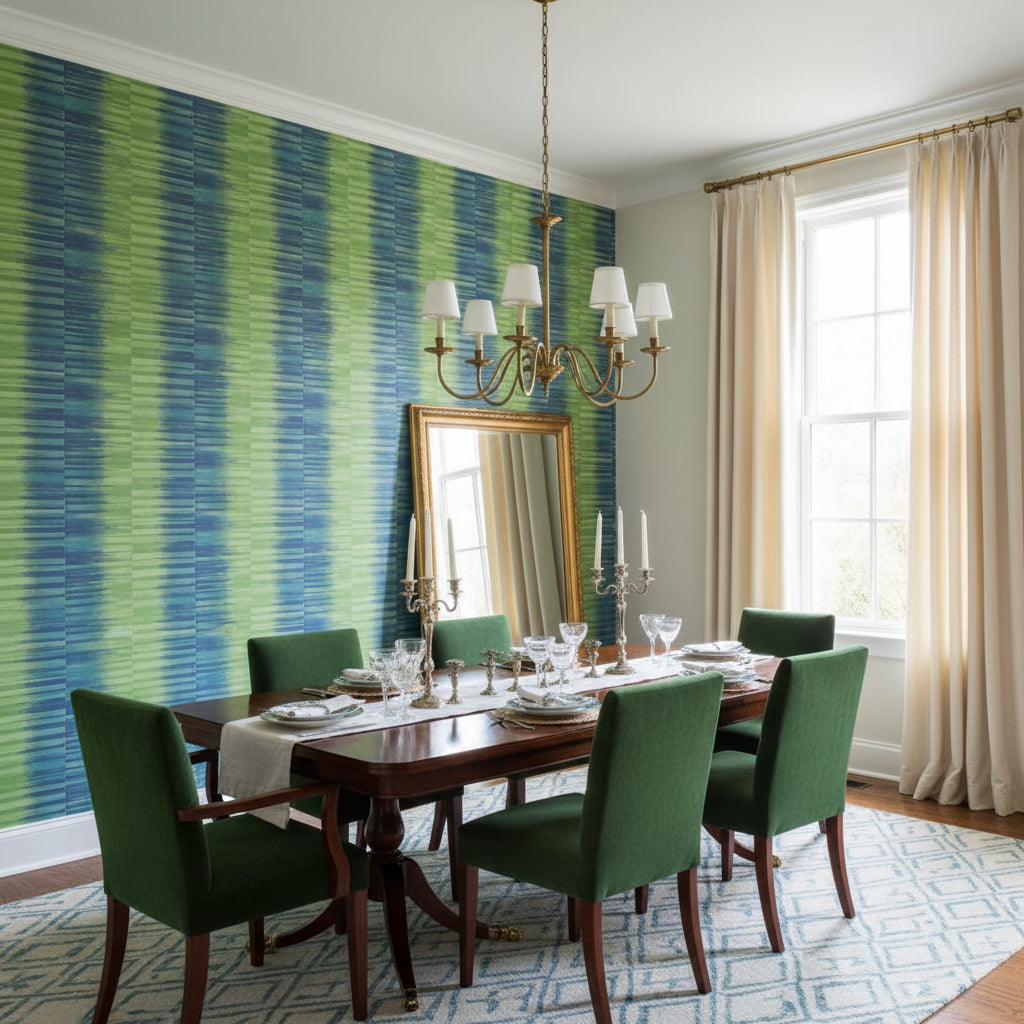 Mekong Stripe Green and Blue | Thibaut Wallcoverings - Dining Room Visualization (AI-generated, may not be to scale. Verify pattern scale with product specifications.)