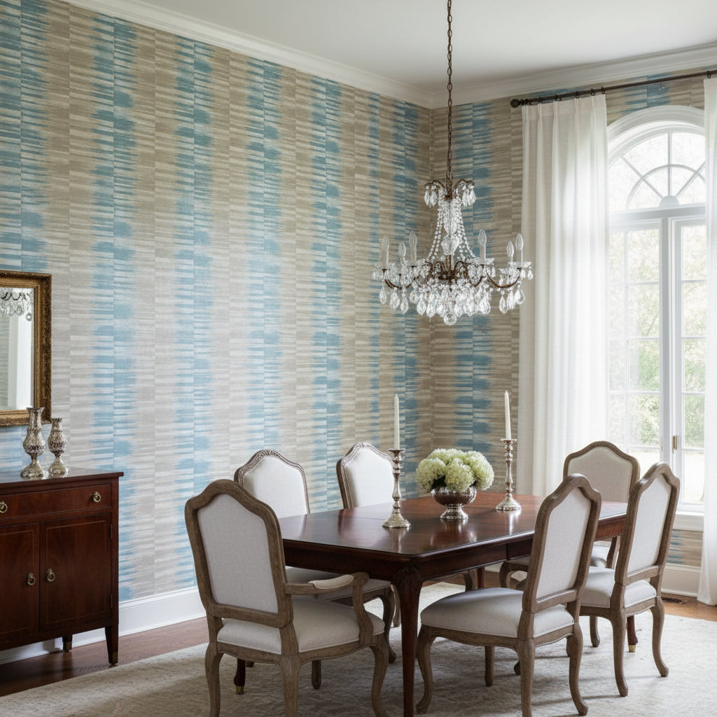 Mekong Stripe Spa Blue and Beige | Thibaut Wallcoverings - Dining Room Visualization (AI-generated, may not be to scale. Verify pattern scale with product specifications.)