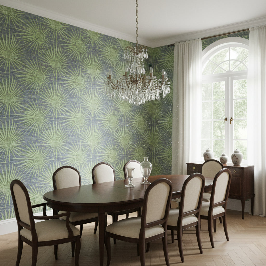 Palm Frond Navy and Green | Thibaut Wallcoverings - Dining Room Visualization (AI-generated, may not be to scale. Verify pattern scale with product specifications.)