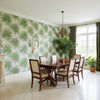 Palm Frond Green and White | Thibaut Wallcoverings - Dining Room Visualization (AI-generated, may not be to scale. Verify pattern scale with product specifications.)