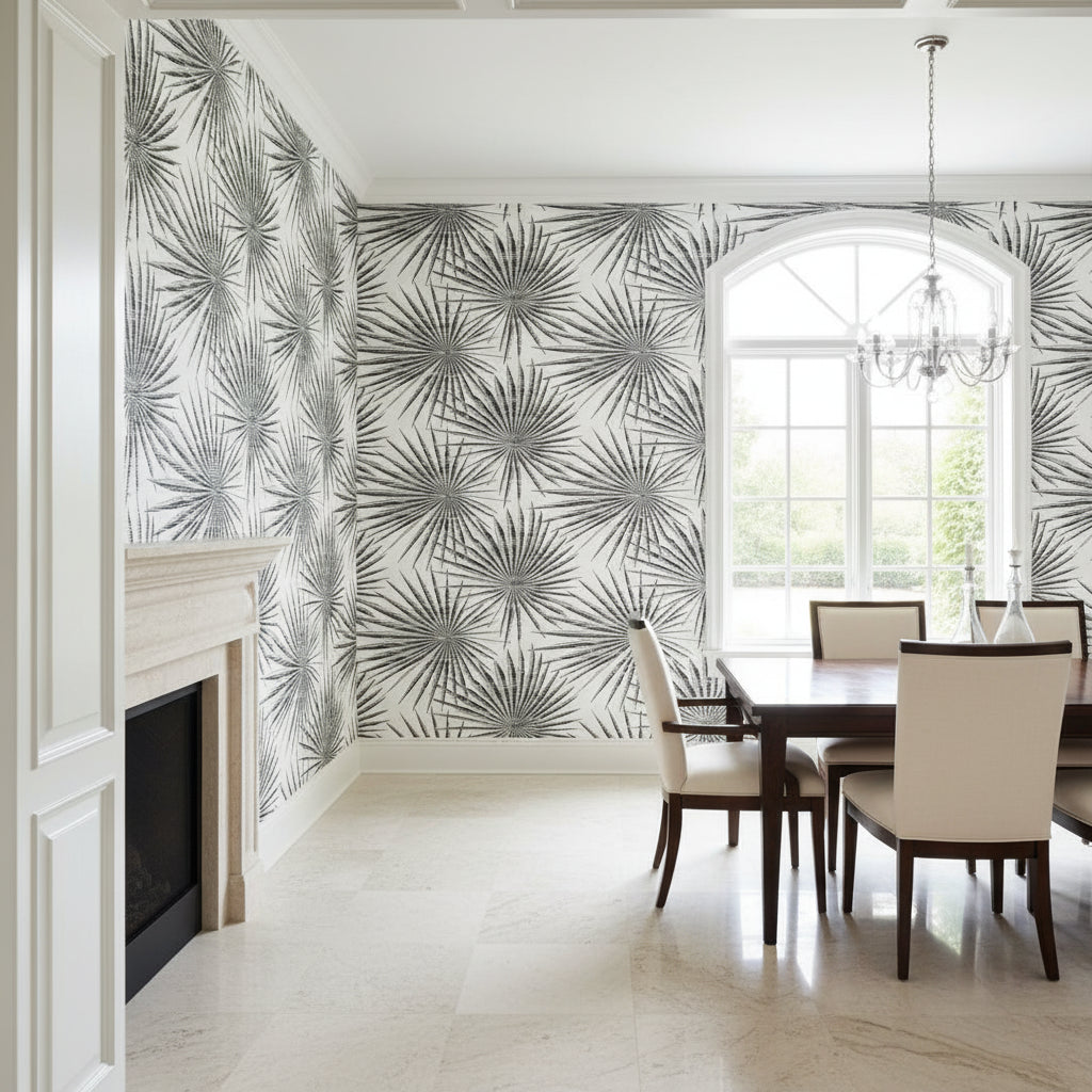 Palm Frond Black and White | Thibaut Wallcoverings - Dining Room Visualization (AI-generated, may not be to scale. Verify pattern scale with product specifications.)