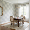 Palm Frond Metallic Silver on Beige | Thibaut Wallcoverings - Dining Room Visualization (AI-generated, may not be to scale. Verify pattern scale with product specifications.)