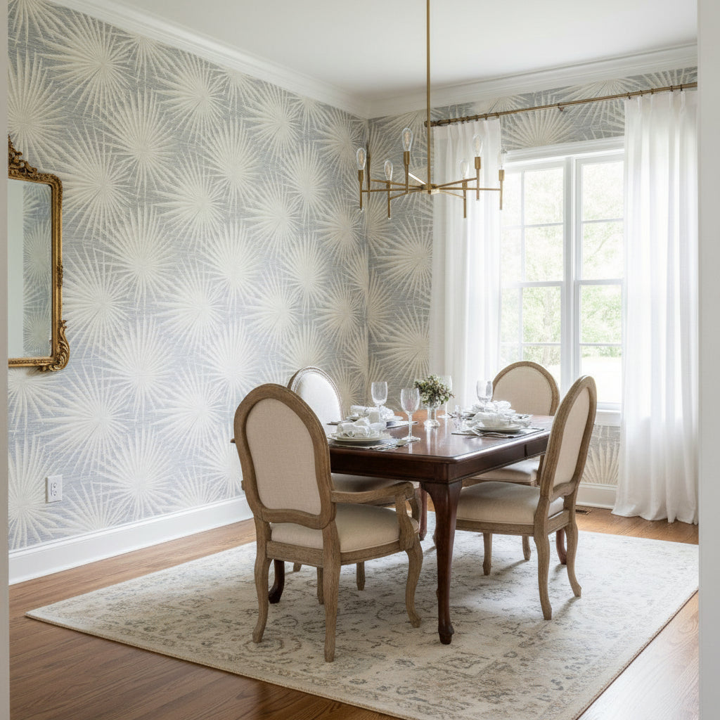Palm Frond Metallic Silver on Beige | Thibaut Wallcoverings - Dining Room Visualization (AI-generated, may not be to scale. Verify pattern scale with product specifications.)
