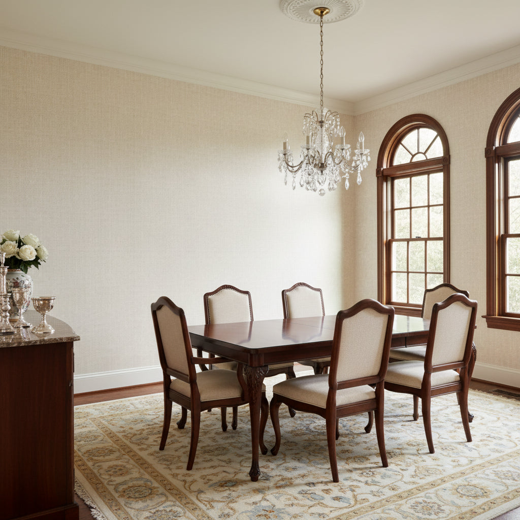 Pinellas Beige | Thibaut Wallcoverings - Dining Room Visualization (AI-generated, may not be to scale. Verify pattern scale with product specifications.)