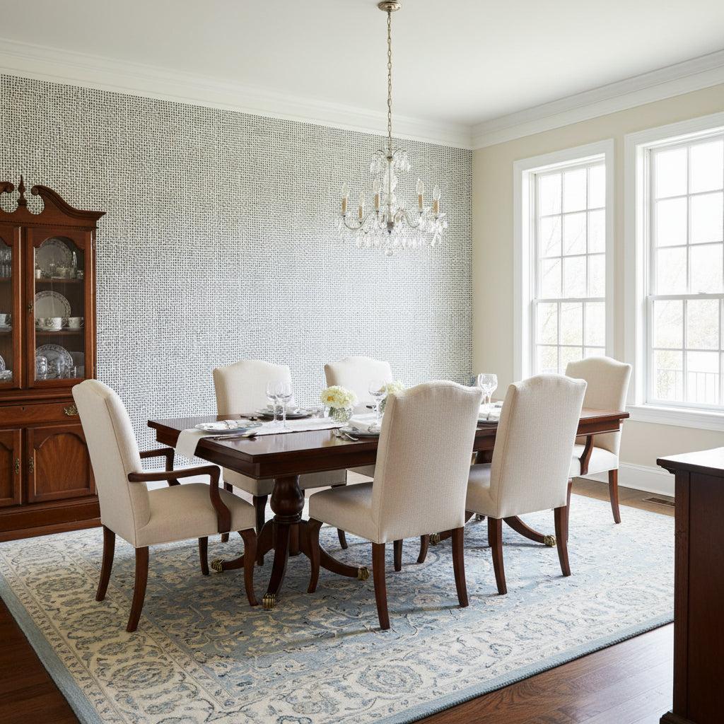 Pinellas Black | Thibaut Wallcoverings - Dining Room Visualization (AI-generated, may not be to scale. Verify pattern scale with product specifications.)