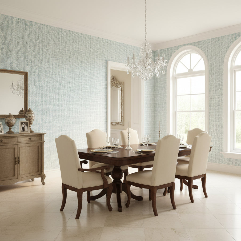 Pinellas Spa Blue | Thibaut Wallcoverings - Dining Room Visualization (AI-generated, may not be to scale. Verify pattern scale with product specifications.)