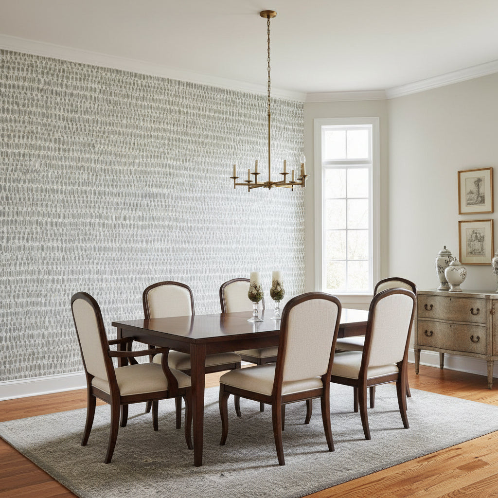 Rain Water Grey | Thibaut Wallcoverings - Dining Room Visualization (AI-generated, may not be to scale. Verify pattern scale with product specifications.)