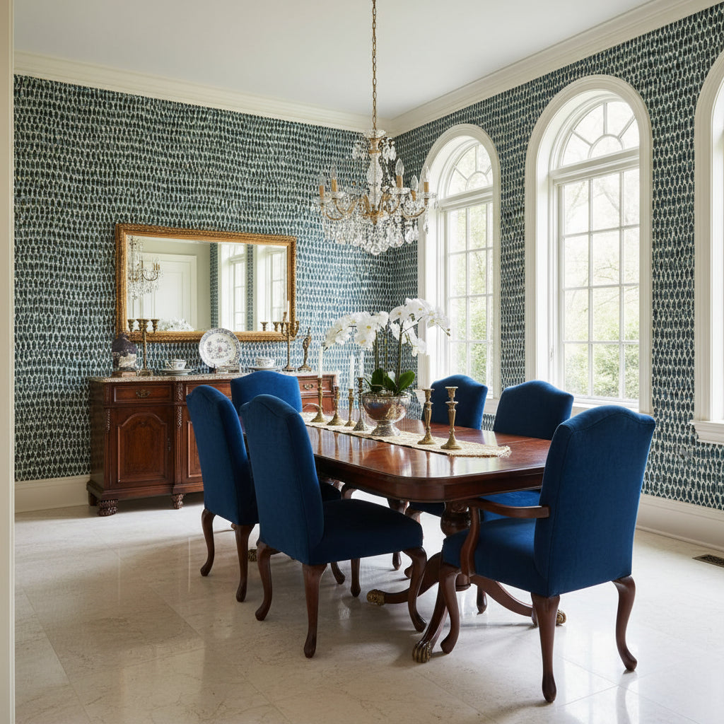 Rain Water Black | Thibaut Wallcoverings - Dining Room Visualization (AI-generated, may not be to scale. Verify pattern scale with product specifications.)