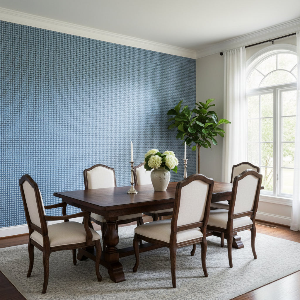 Baker Weave Navy | Thibaut Wallcoverings - Dining Room Visualization (AI-generated, may not be to scale. Verify pattern scale with product specifications.)