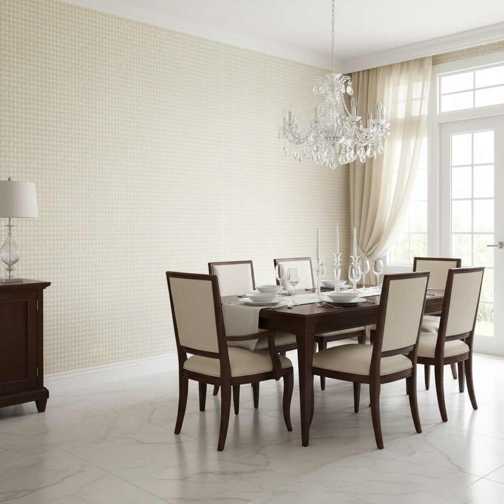 Baker Weave Beige | Thibaut Wallcoverings - Dining Room Visualization (AI-generated, may not be to scale. Verify pattern scale with product specifications.)