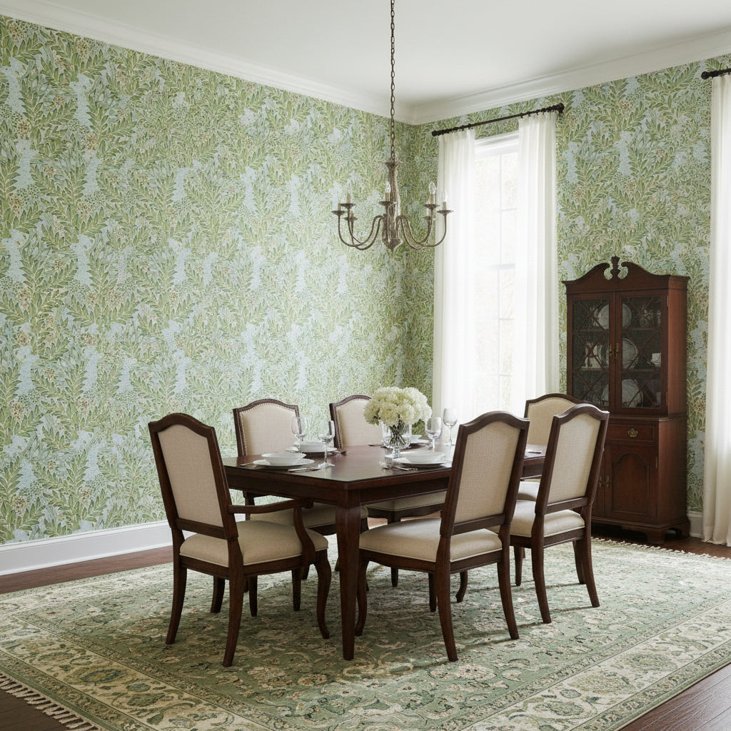 Desmond Aqua and Green | Thibaut Wallcoverings - Dining Room Visualization (AI-generated, may not be to scale. Verify pattern scale with product specifications.)