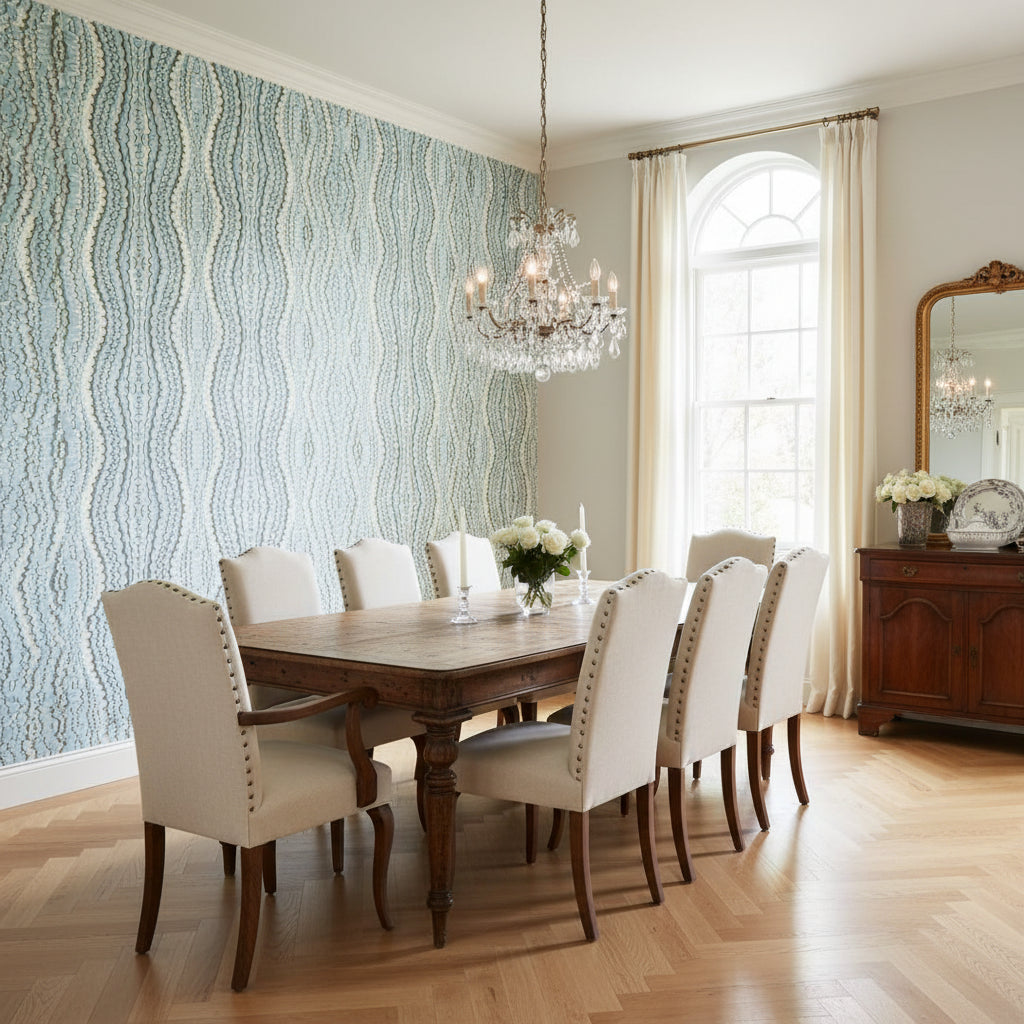 Ebru Aqua | Thibaut Wallcoverings - Dining Room Visualization (AI-generated, may not be to scale. Verify pattern scale with product specifications.)
