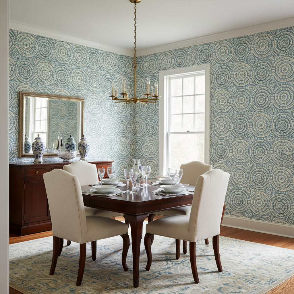 Kasai Aqua | Thibaut Wallcoverings - Dining Room Visualization (AI-generated, may not be to scale. Verify pattern scale with product specifications.)