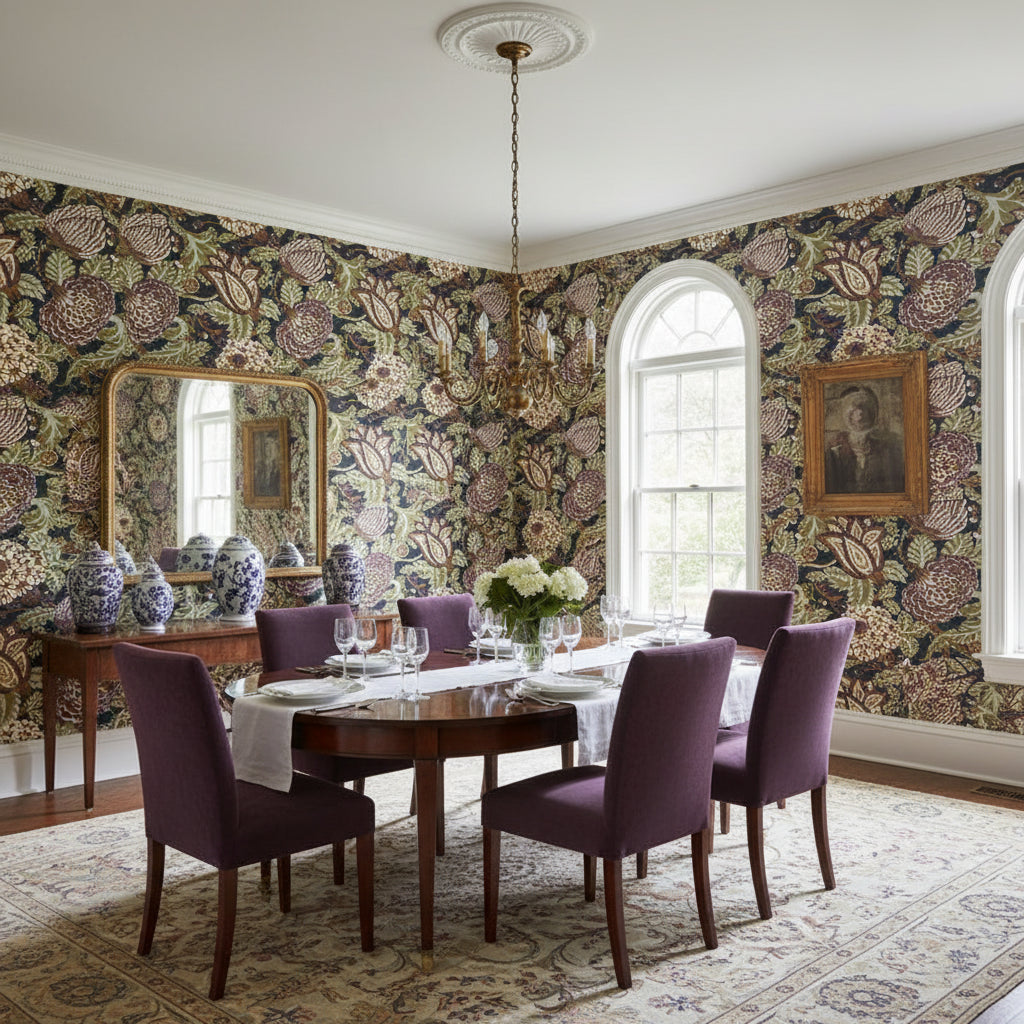 Mitford Black and Plum | Thibaut Wallcoverings - Dining Room Visualization (AI-generated, may not be to scale. Verify pattern scale with product specifications.)