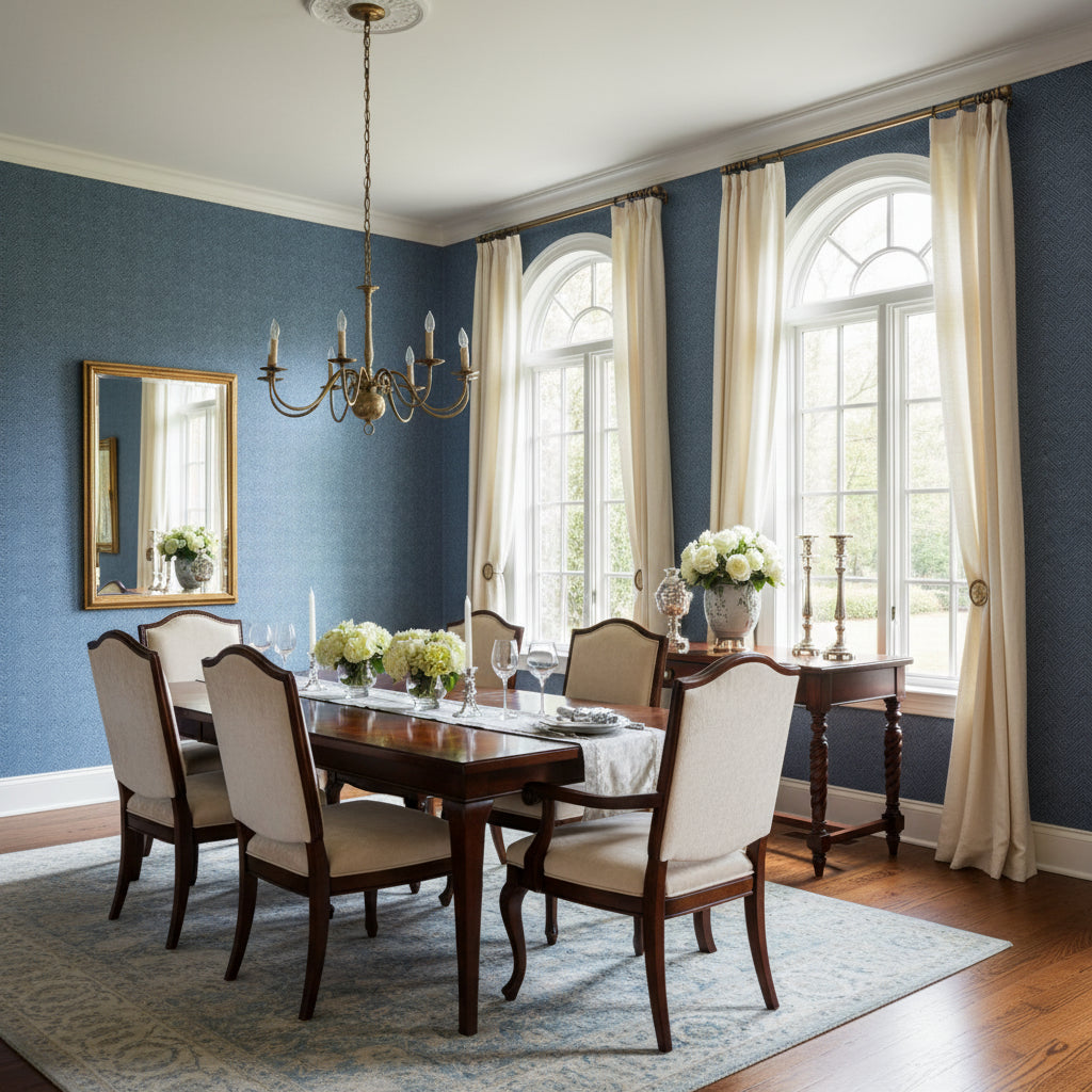 Oslo Chevron Navy | Thibaut Wallcoverings - Dining Room Visualization (AI-generated, may not be to scale. Verify pattern scale with product specifications.)
