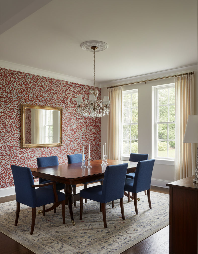 Java | Burnt Orange Wallpaper - Dining Room Visualization (AI-generated, may not be to scale. Verify pattern scale with product specifications.)