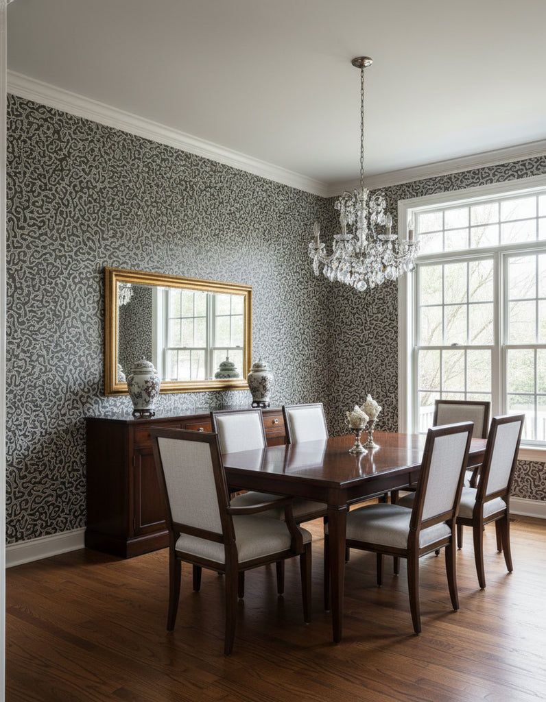 Java | Graphite Wallpaper - Dining Room Visualization (AI-generated, may not be to scale. Verify pattern scale with product specifications.)