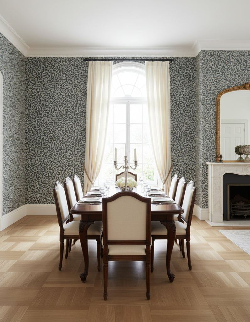 Java | Indigo Wallpaper - Dining Room Visualization (AI-generated, may not be to scale. Verify pattern scale with product specifications.)