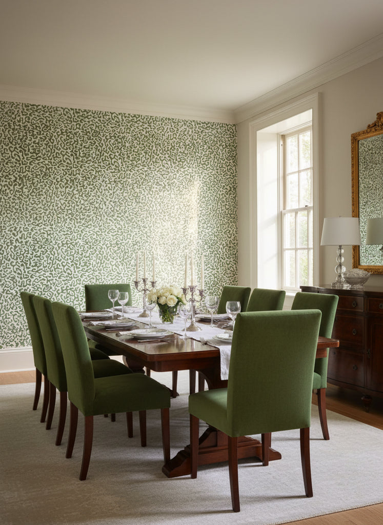 Java | Verdant Green Wallpaper - Dining Room Visualization (AI-generated, may not be to scale. Verify pattern scale with product specifications.)