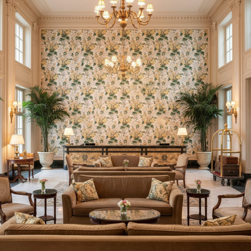 Althea Linen Pr Citron | Kravet - Hotel Lobby Visualization (AI-generated, may not be to scale. Verify pattern scale with product specifications.)