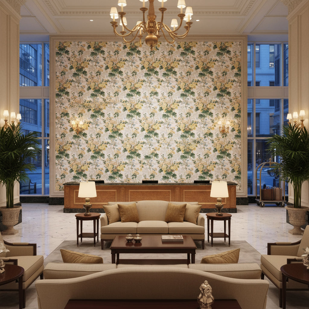 Althea Cotton P Citron | Kravet - Hotel Lobby Visualization (AI-generated, may not be to scale. Verify pattern scale with product specifications.)