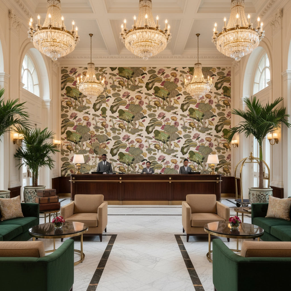 Nympheus Print Cream | Kravet - Hotel Lobby Visualization (AI-generated, may not be to scale. Verify pattern scale with product specifications.)
