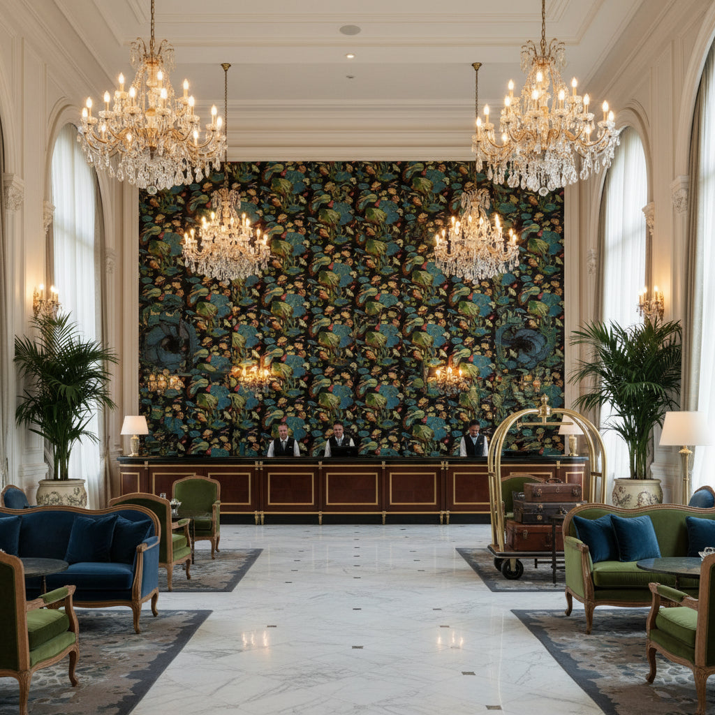 Nympheus Print Teal | Kravet - Hotel Lobby Visualization (AI-generated, may not be to scale. Verify pattern scale with product specifications.)
