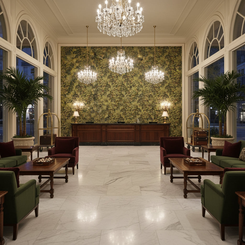 Mansfield Linen Woodlan | Kravet - Hotel Lobby Visualization (AI-generated, may not be to scale. Verify pattern scale with product specifications.)