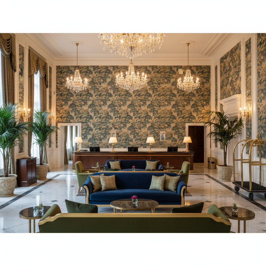 Mansfield Linen Larkspu | Kravet - Hotel Lobby Visualization (AI-generated, may not be to scale. Verify pattern scale with product specifications.)