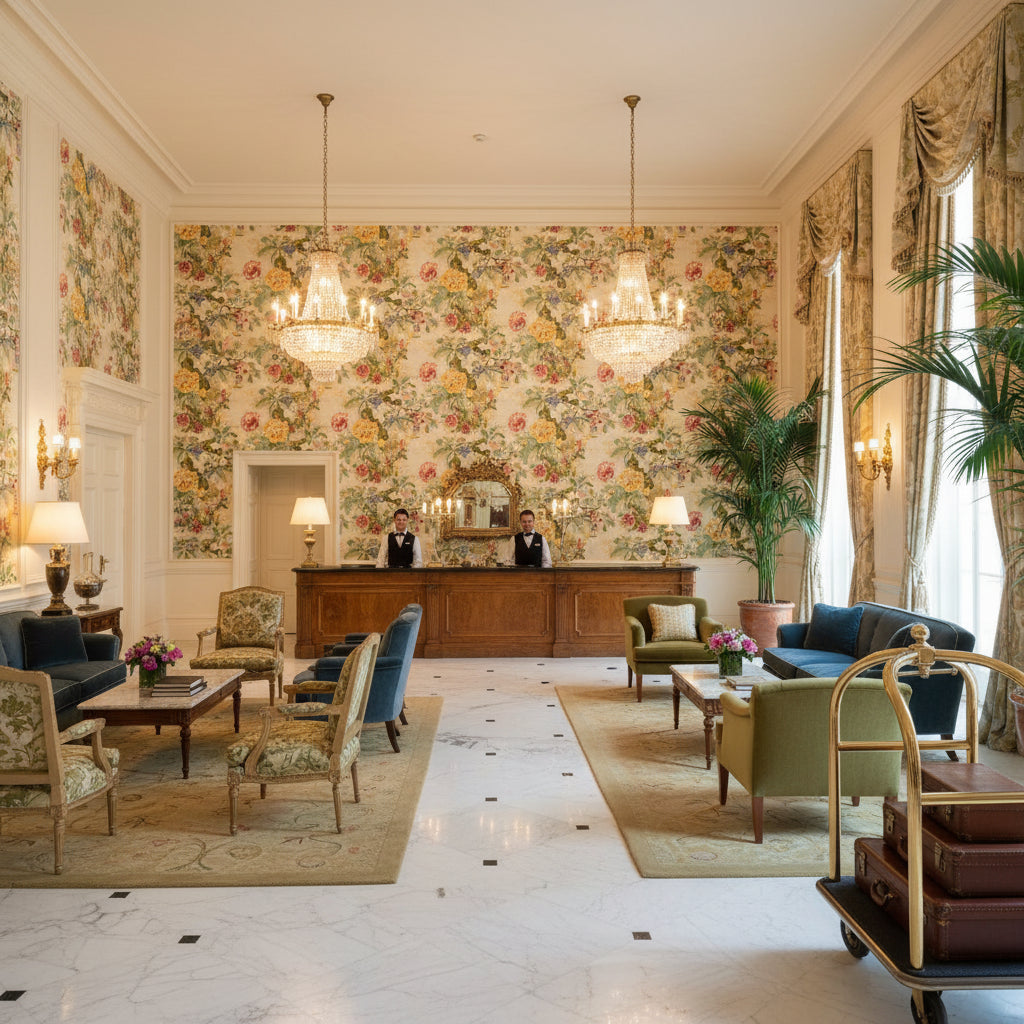 Chinese Lantern Lemon | Kravet - Hotel Lobby Visualization (AI-generated, may not be to scale. Verify pattern scale with product specifications.)