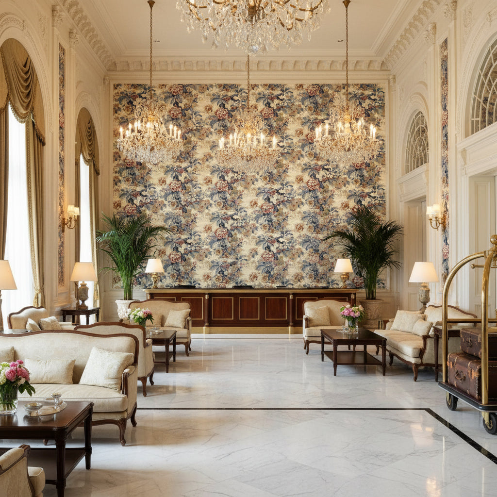 Chinese Lantern Coral | Kravet - Hotel Lobby Visualization (AI-generated, may not be to scale. Verify pattern scale with product specifications.)