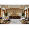 New Sevilla Ruby/Blue | Kravet - Hotel Lobby Visualization (AI-generated, may not be to scale. Verify pattern scale with product specifications.)